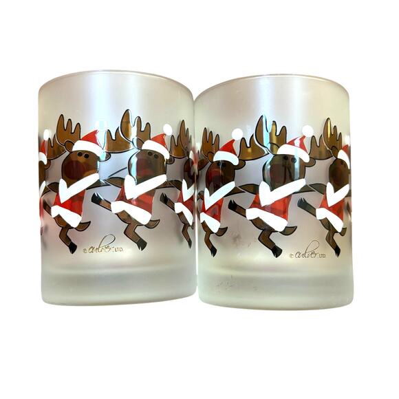 Vintage Culver Glass frosted Christmas Cocktail Glasses PAIR Dancing Santa Moose - Picture 1 of 10